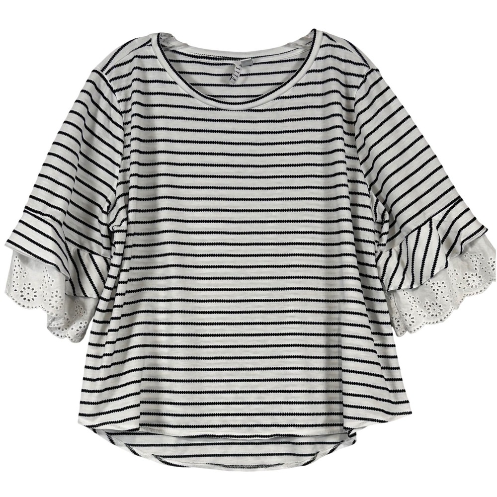 Elle Womens XXL Striped Knit Top Black White Eyelet Ruffle Tiered Sleeve Shirt